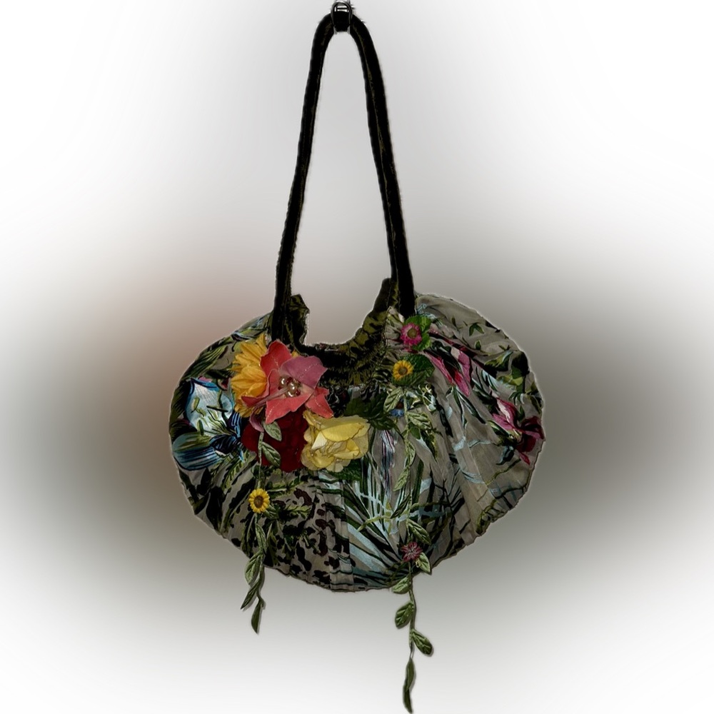 Mary Frances Green Silky Velvet Hanging Floral Leaves Embellished Vintage Bag